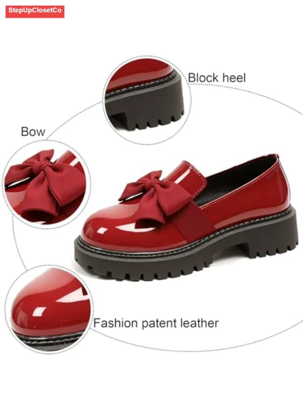 Patent Leather Chunky Heel Bow Loafers, Non-Slip Lug Sole, Round Toe, Business